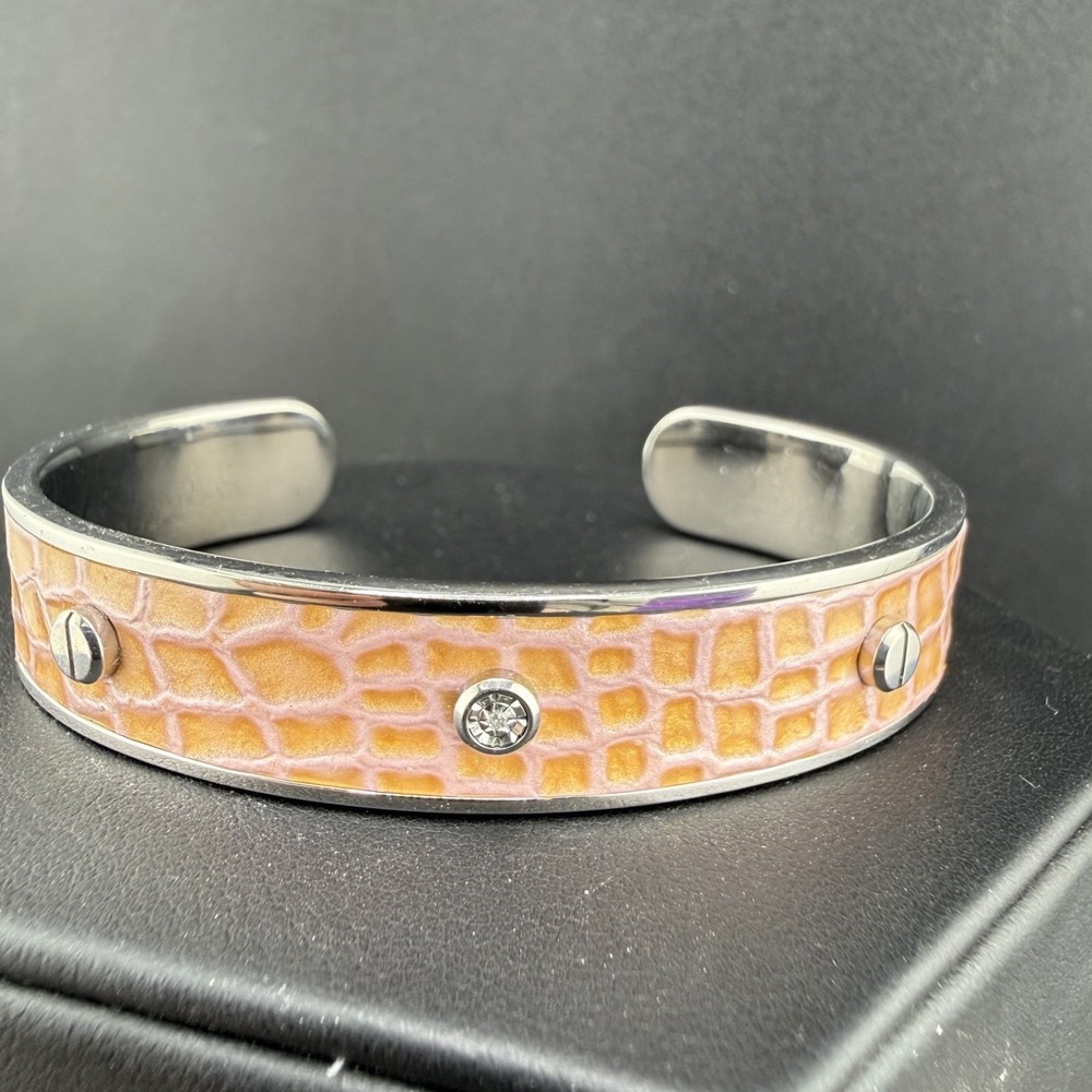 Morellato Cuff Bracelet Silver Tone‎ Pink Enamel Signed 6.5"
